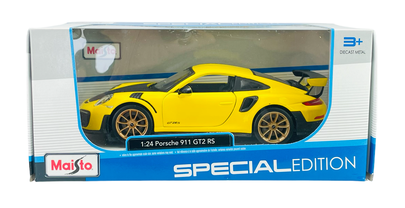 Model samochodu Maisto Porsche 911 GT2 RS w kolorze żółtym, w skali 1:24, zapakowany w pudełko z napisem \'SPECIAL EDITION\'.