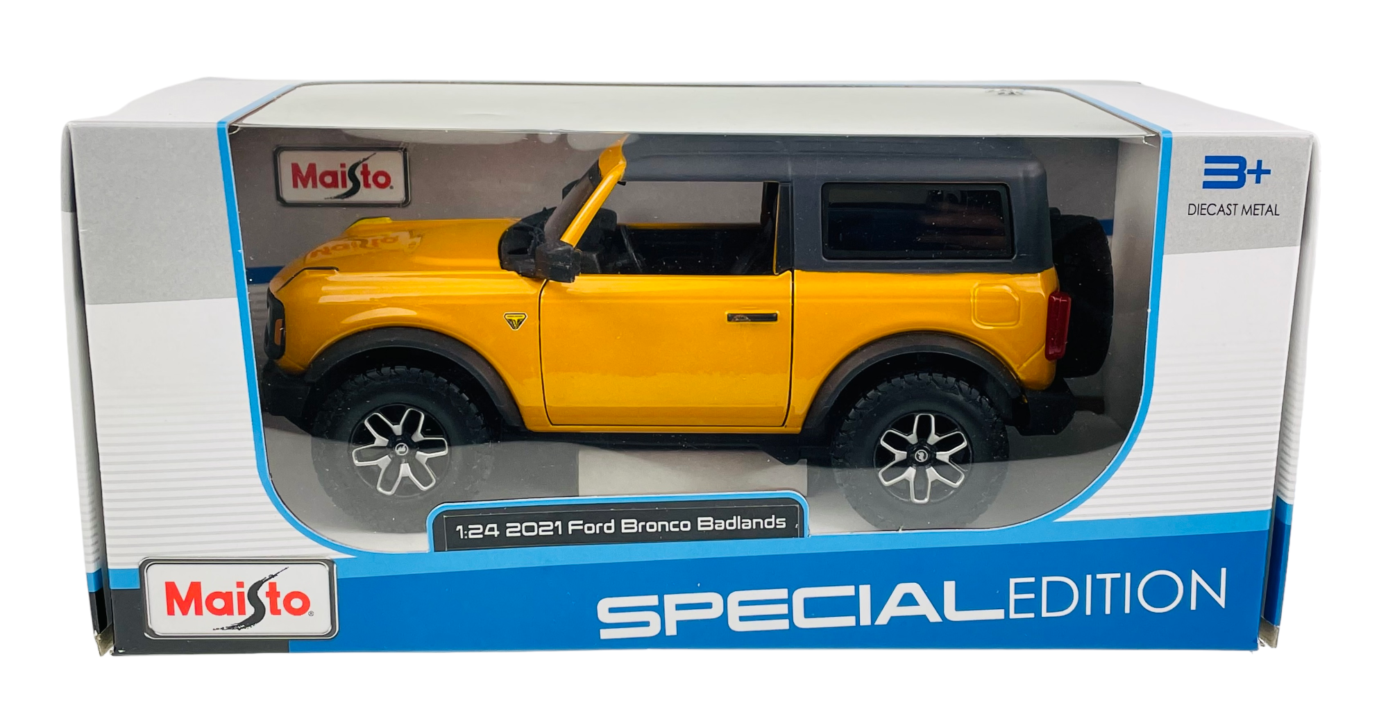 Model samochodu Maisto 2021 Ford Bronco Badlands w kolorze pomarańczowym, zapakowany w pudełko z napisem \'SPECIAL EDITION\'. Na opakowaniu widoczne jest logo Maisto oraz napis \'1:24 2021 Ford Bronco Badlands\'.