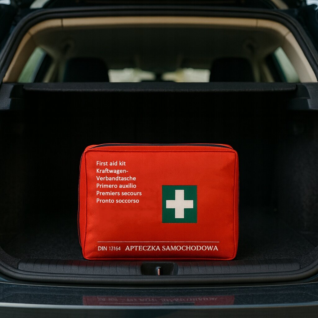 Czerwona apteczka pierwszej pomocy z białym krzyżem na zielonym tle, umieszczona w bagażniku samochodu. Na apteczce widoczny jest tekst: \'First aid kit, Kraftwagen-Verbandtasche, Primero auxilio, Premiers secours, Pronto soccorso, DIN 13164, APTECZKA SAMOCHODOWA\'.