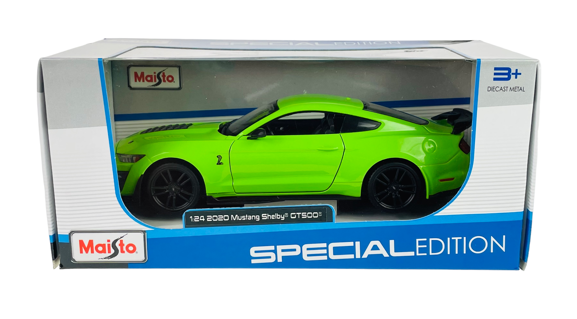 Model samochodu Maisto 2020 Ford Mustang Shelby GT500 w kolorze zielonym, umieszczony w pudełku z napisem \'SPECIAL EDITION\'. Widoczne logo Maisto oraz napis \'1:24 2020 Mustang Shelby GT500\'.
