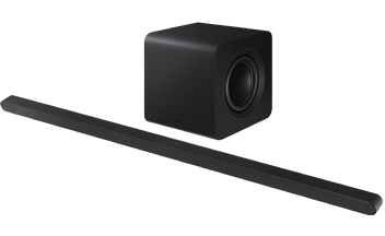 Na obrazie widoczny jest czarny soundbar oraz subwoofer o prostokątnym kształcie. Oba urządzenia mają nowoczesny design i są w kolorze czarnym.