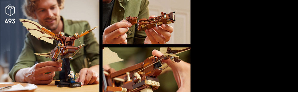 Osoba trzyma model maszyny latającej z klocków LEGO, który ma skrzydła przypominające te z projektów Leonarda da Vinci. Na obrazie widoczne są detale konstrukcji oraz logo LEGO i liczba 493.