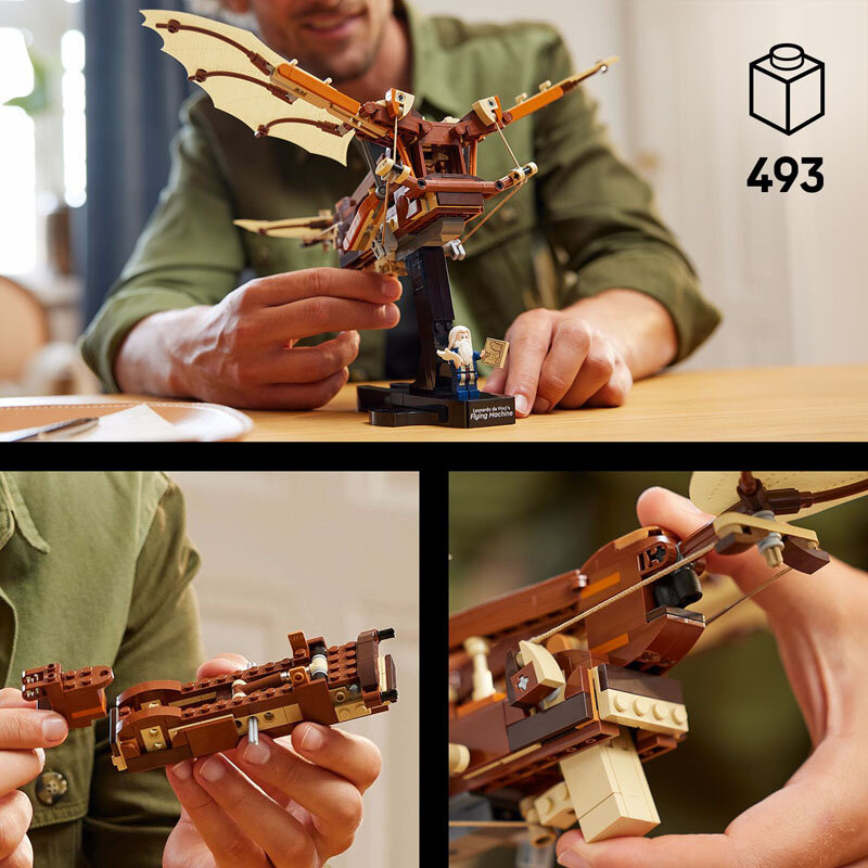 Osoba trzyma model maszyny latającej z klocków LEGO, z widocznymi szczegółami konstrukcji. Na podstawce modelu znajduje się napis \'Leonardo da Vinci Flying Machine\'.