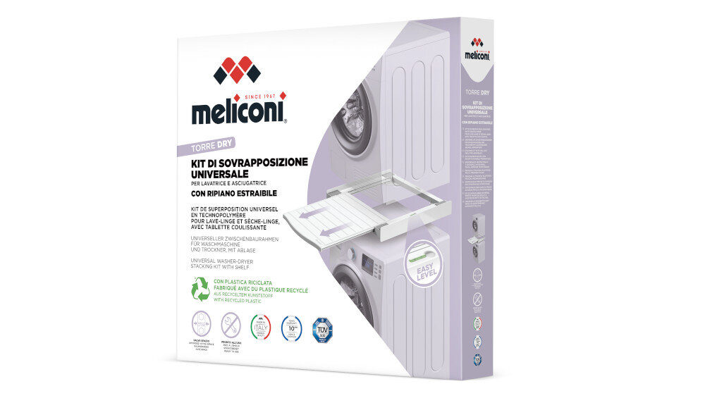 Opakowanie produktu Meliconi Torre Dry z ilustracją łącznika do pralek i suszarek z półką. Widoczny tekst: \'KIT DI SOVRAPPOSIZIONE UNIVERSALE PER LAVATRICI E ASCIUGATRICI CON RIPIANO ESTRAIBILE\'.