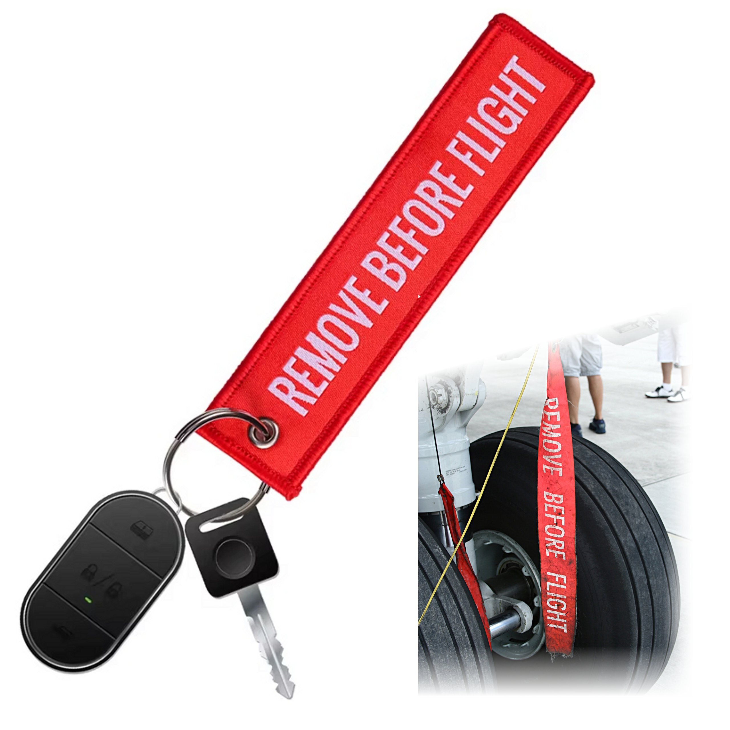 Czerwony brelok z napisem \'REMOVE BEFORE FLIGHT\' przymocowany do kluczyków. Obok zdjęcie przedstawiające podobny brelok przyczepiony do koła samolotu.