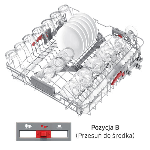 Kosz zmywarki z ułożonymi talerzami i szklankami. Pod spodem widoczny jest panel z napisem \'Pozycja B (Przesuń do środka)\'.