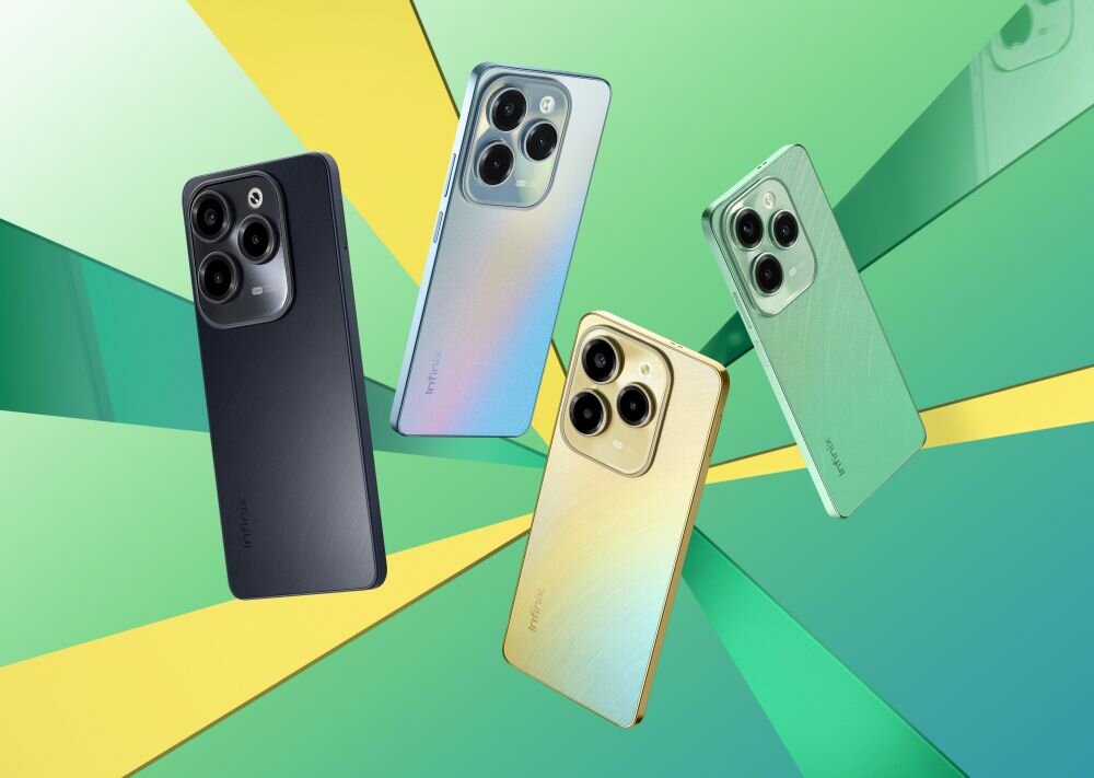 Cztery smartfony z trzema aparatami z tyłu, każdy w innym kolorze: czarnym, niebieskim, złotym i zielonym. Na obudowach widoczne jest logo \'Infinix\'.