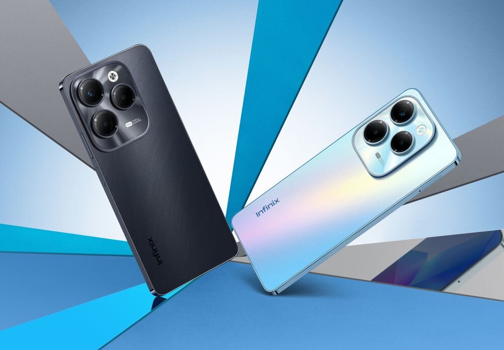 Na obrazie widoczne są dwa smartfony marki Infinix, jeden w kolorze czarnym, drugi w jasnym odcieniu z gradientem. Oba telefony mają trzy duże obiektywy aparatu i logo \'Infinix\' na obudowie.