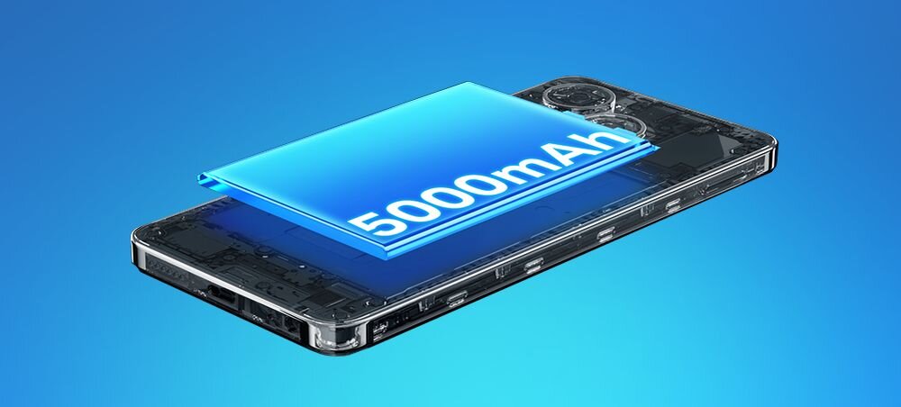 Obraz przedstawia smartfon z przezroczystą obudową, ukazującą wewnętrzne komponenty. Na baterii widoczny jest napis \'5000mAh\'.