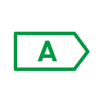 Grafika przedstawiająca klasę energetyczną - A Ikona przedstawia zielony symbol w kształcie strzałki z literą \'A\' w środku.