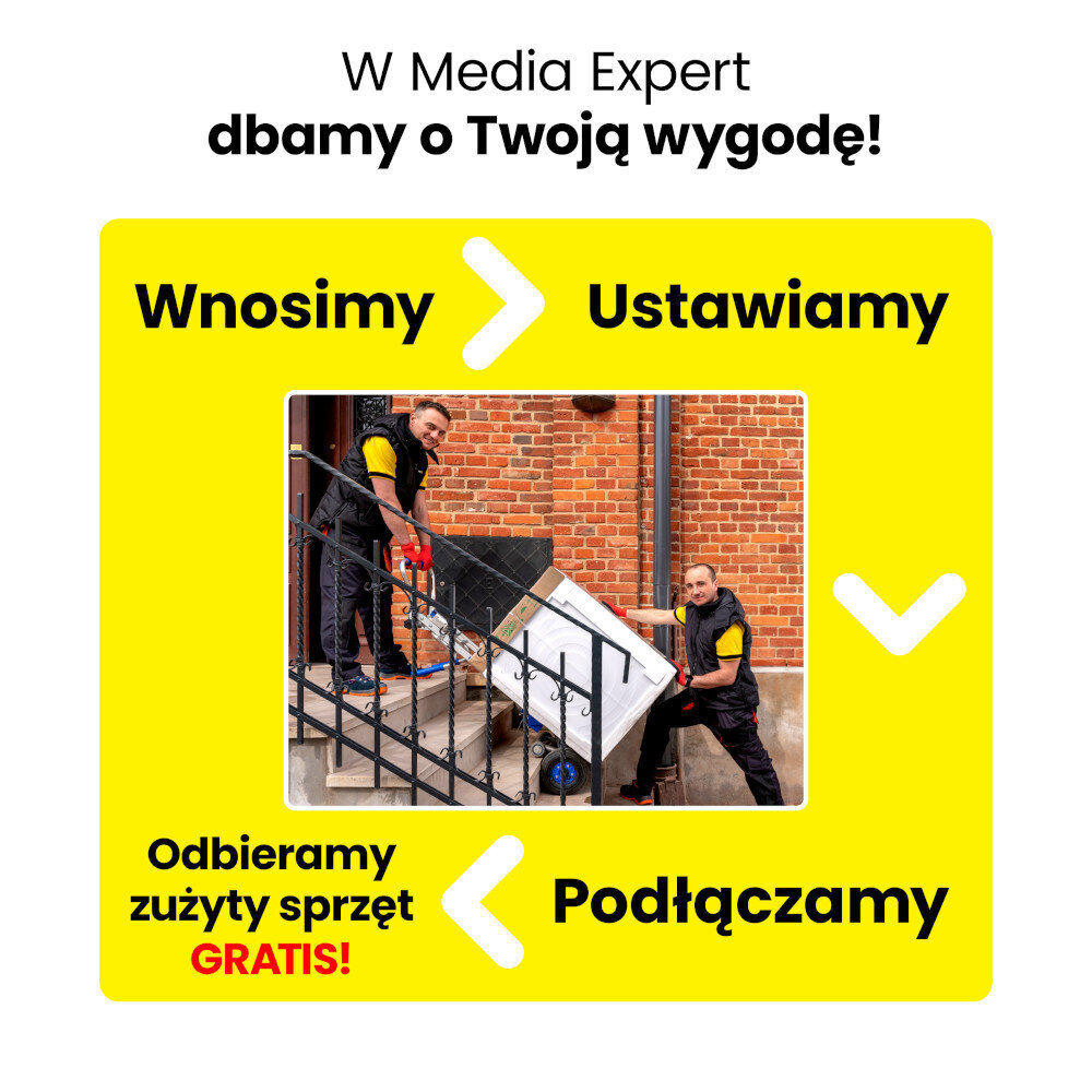 Grafika promocyjna Media Expert z napisem \'W Media Expert dbamy o Twoją wygodę!\'. Widoczne są hasła: \'Wnosimy\', \'Ustawiamy\', \'Podłączamy\', \'Odbieramy zużyty sprzęt GRATIS!\' oraz zdjęcie dwóch osób wnoszących sprzęt AGD po schodach.