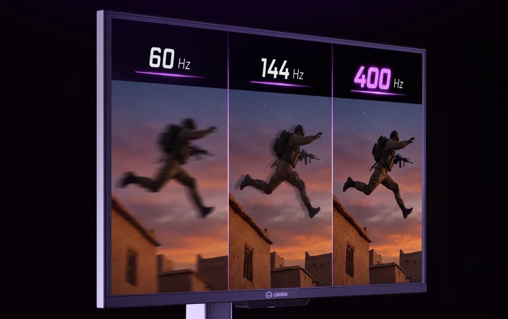 Monitor wyświetla obraz podzielony na trzy sekcje z różnymi częstotliwościami odświeżania: 60 Hz, 144 Hz i 400 Hz. Na każdej sekcji widać postać w ruchu, a na dole ekranu znajduje się logo LORGAR.