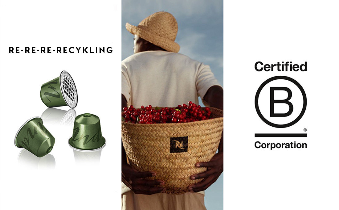 Obraz przedstawia trzy zielone kapsułki z napisem \'RE-RE-RE-RECYKLING\' oraz osobę niosącą kosz z czerwonymi owocami z logo \'N\'. Obok znajduje się logo \'Certified B Corporation\'.