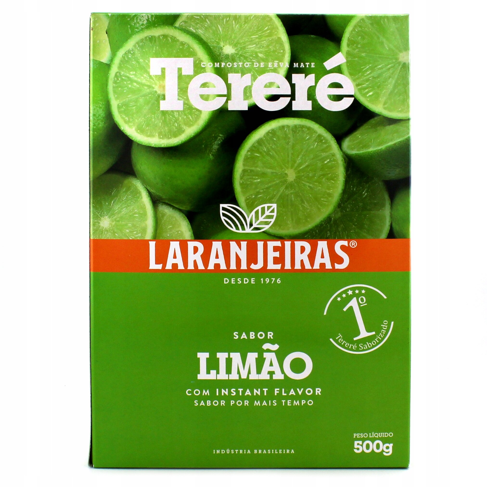 Opakowanie Yerba Mate Laranjeiras Terere LIMAO 500g z grafiką limonek i tekstem: \'Tereré\', \'Laranjeiras\', \'Sabor Limão\', \'Com instant flavor\', \'Sabor por mais tempo\', \'Peso líquido 500g\'.