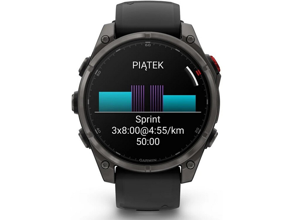 Zegarek sportowy z czarnym paskiem wyświetla ekran z napisem \'PIĄTEK\' oraz informacjami o treningu: \'Sprint 3x8:00@4:55/km 50:00\'.