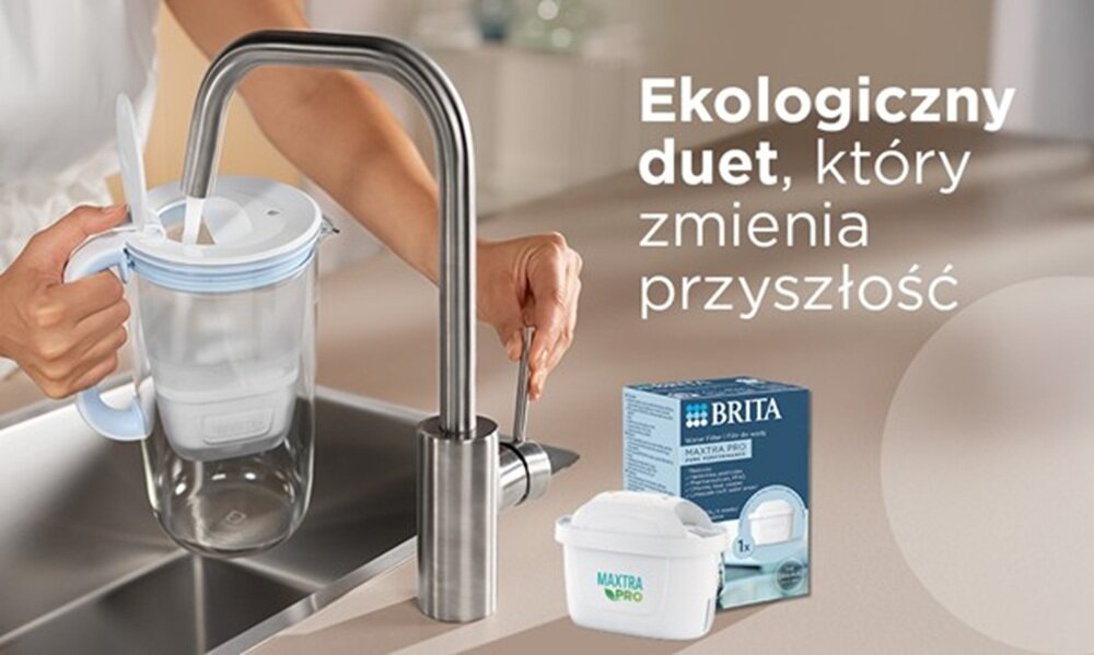 Osoba nalewa wodę z kranu do dzbanka z filtrem, obok widoczne jest opakowanie wkładów filtrujących BRITA Maxtra Pro. Na obrazie znajduje się tekst: \'Ekologiczny duet, który zmienia przyszłość\'.