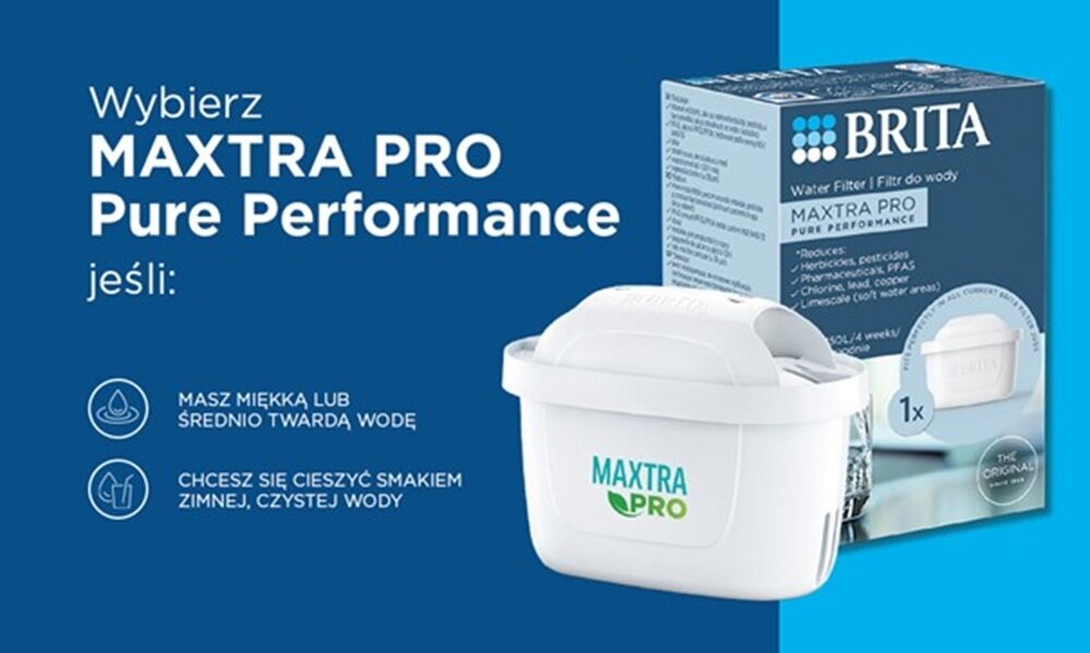Obraz przedstawia opakowanie i pojedynczy wkład filtrujący BRITA Maxtra Pro Pure Performance. Na niebieskim tle widnieje tekst: \'Wybierz MAXTRA PRO Pure Performance jeśli: masz miękką lub średnio twardą wodę, chcesz się cieszyć smakiem zimnej, czystej wody\'.