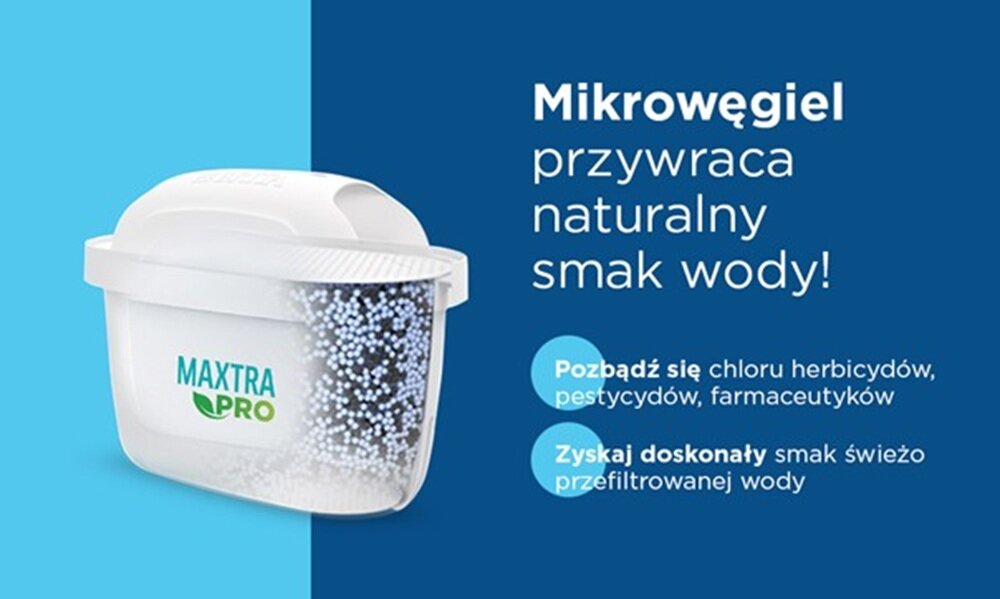 Obraz przedstawia wkład filtrujący z napisem \'MAXTRA PRO\' na tle niebieskiego pola. Obok znajduje się tekst: \'Mikrowęgiel przywraca naturalny smak wody! Pozbądź się chloru herbicydów, pestycydów, farmaceutyków. Zyskaj doskonały smak świeżo przefiltrowanej wody.\'