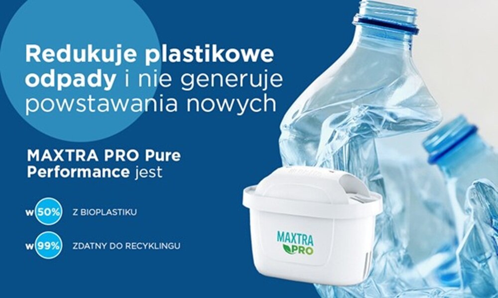 Obraz przedstawia wkład filtrujący BRITA Maxtra Pro Pure Performance na tle zgniecionych plastikowych butelek. Tekst na obrazie: \'Redukuje plastikowe odpady i nie generuje powstawania nowych. MAXTRA PRO Pure Performance jest w 50% z bioplastiku, w 99% zdatny do recyklingu\'.