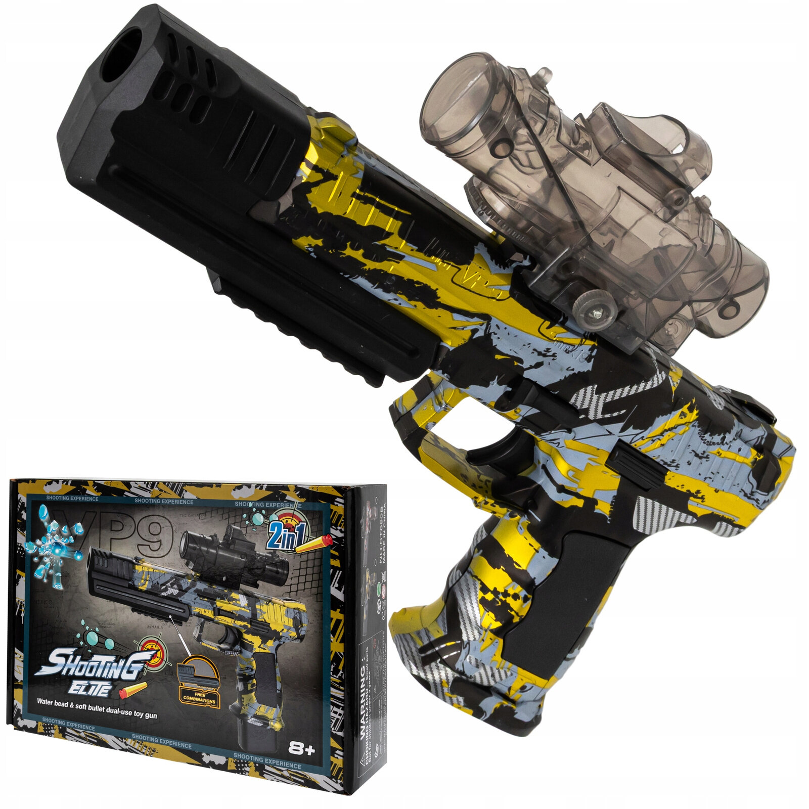 Kolorowy pistolet zabawkowy z kamuflażowym wzorem i przezroczystym pojemnikiem na kulki. Obok znajduje się pudełko z napisem \'Shooting Elite\' oraz grafiką przedstawiającą ten sam pistolet.