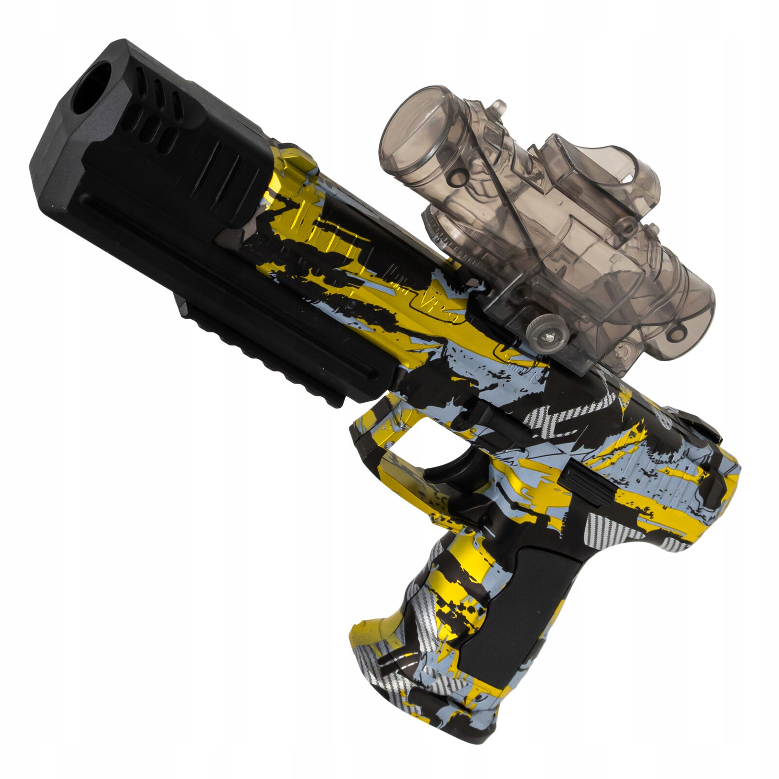 Kolorowy pistolet z kamuflażowym wzorem w odcieniach żółci, czerni i szarości, z przezroczystym celownikiem na górze. Pistolet ma nowoczesny design i jest przeznaczony do strzelania kulkami żelowymi.