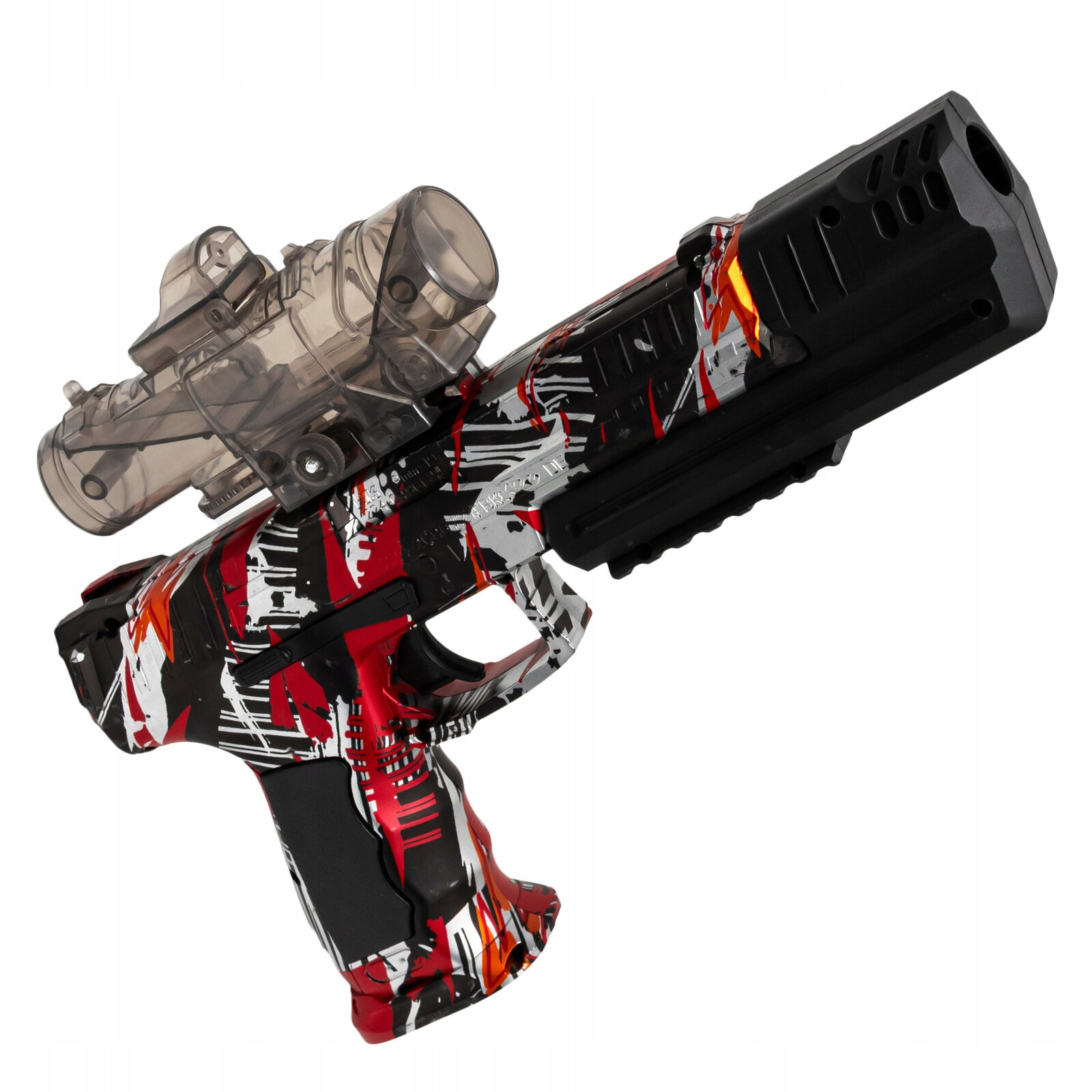Kolorowy pistolet z wzorem w czerwone, białe i czarne linie, wyposażony w przezroczysty celownik na górze. Pistolet ma nowoczesny design z widocznymi detalami na lufie.