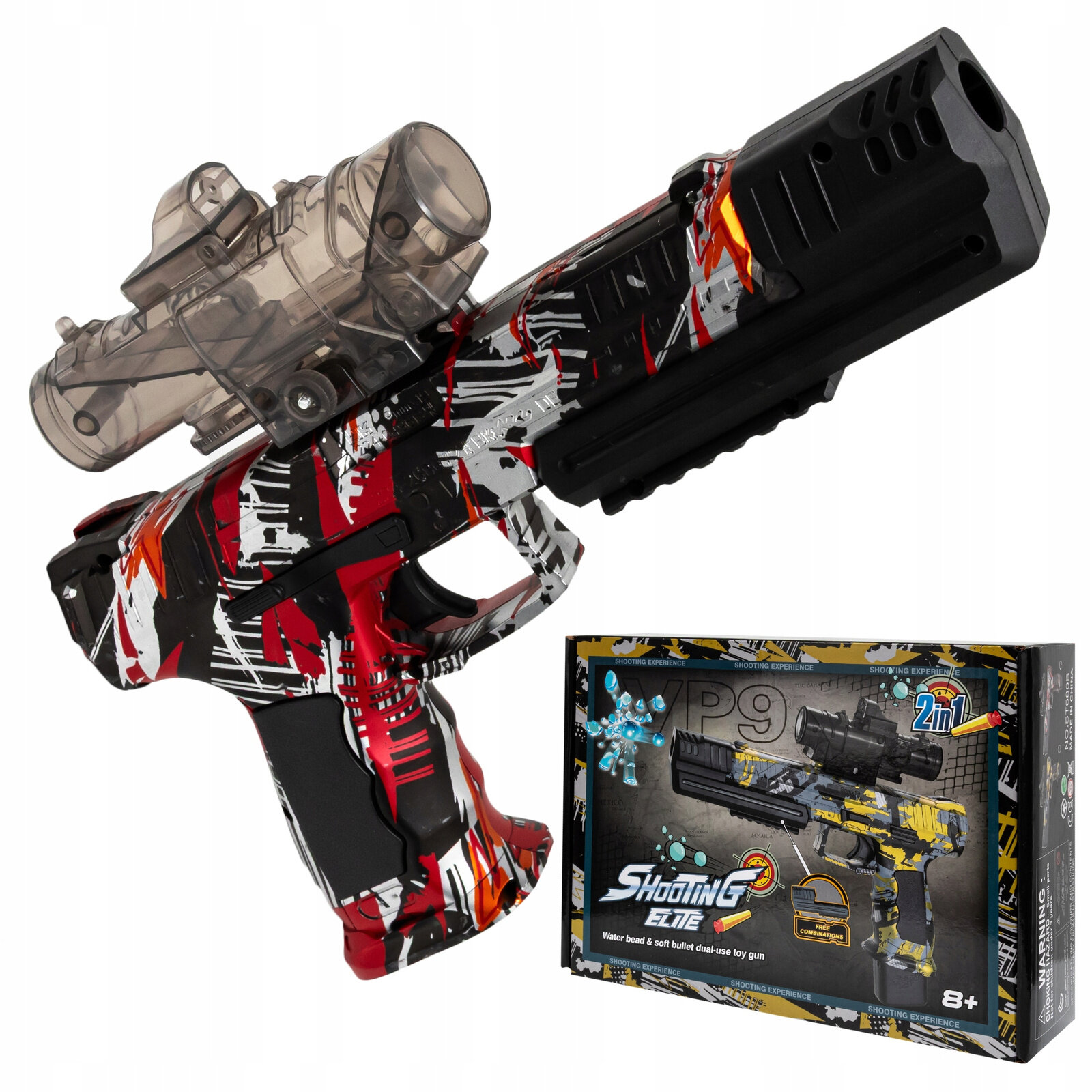 Kolorowy pistolet na kulki żelowe z przezroczystym magazynkiem, obok pudełko z napisem \'Shooting Elite 2w1\'.