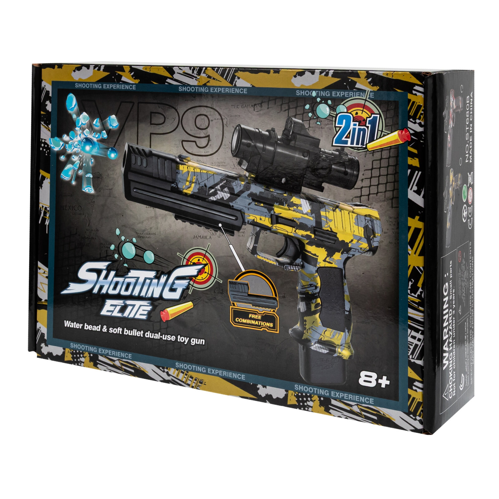 Opakowanie zabawki \'Shooting Elite\' z grafiką pistoletu w kolorach szaro-żółtych i napisem \'Water bead & soft bullet dual-use toy gun\'. Widoczne są również oznaczenia \'2 in 1\', \'8+\' oraz \'Free Combinations\'.