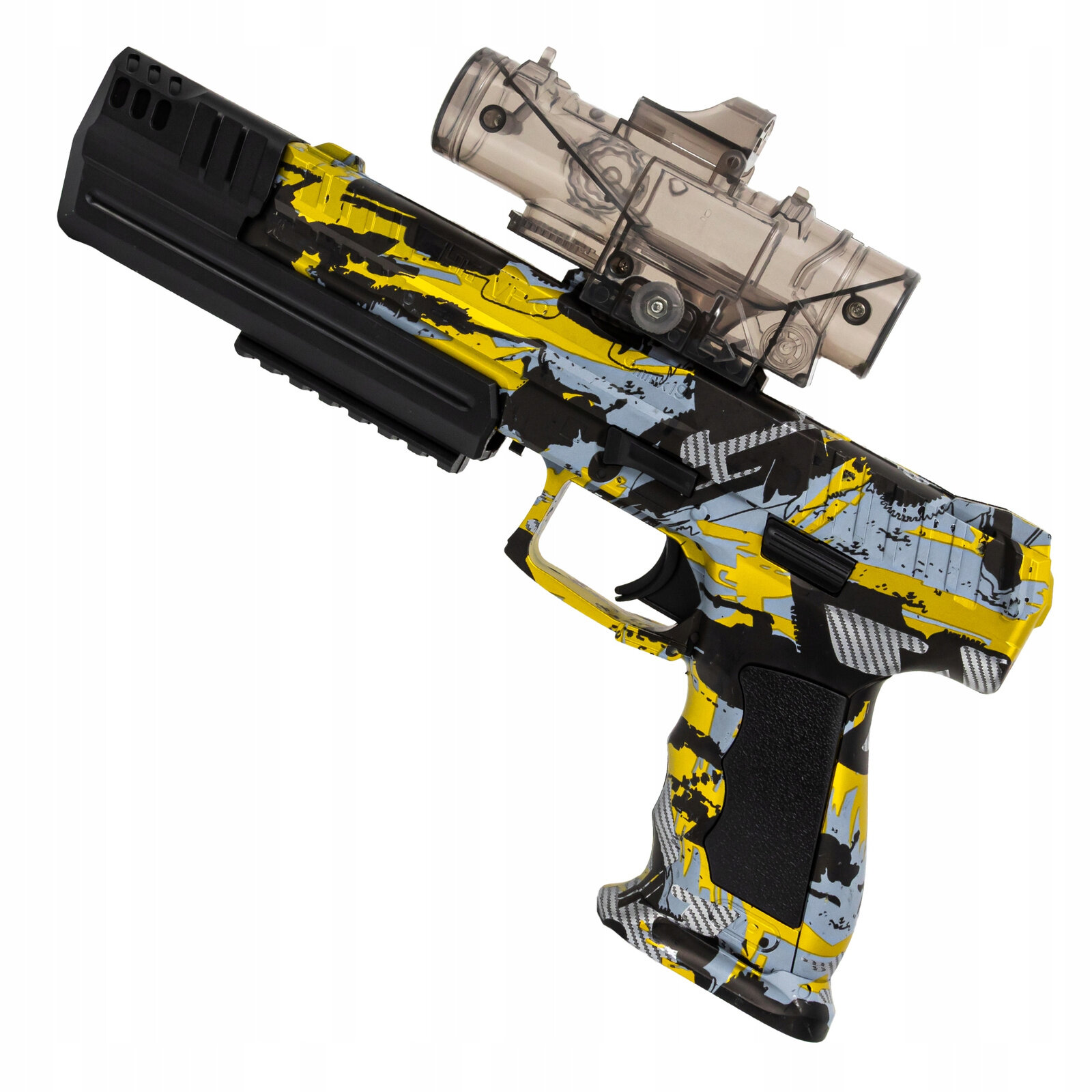 Pistolet automatyczny z kolorowym wzorem w odcieniach żółtego, niebieskiego i czarnego, wyposażony w celownik optyczny. Broń ma nowoczesny design z wyraźnymi elementami konstrukcyjnymi.