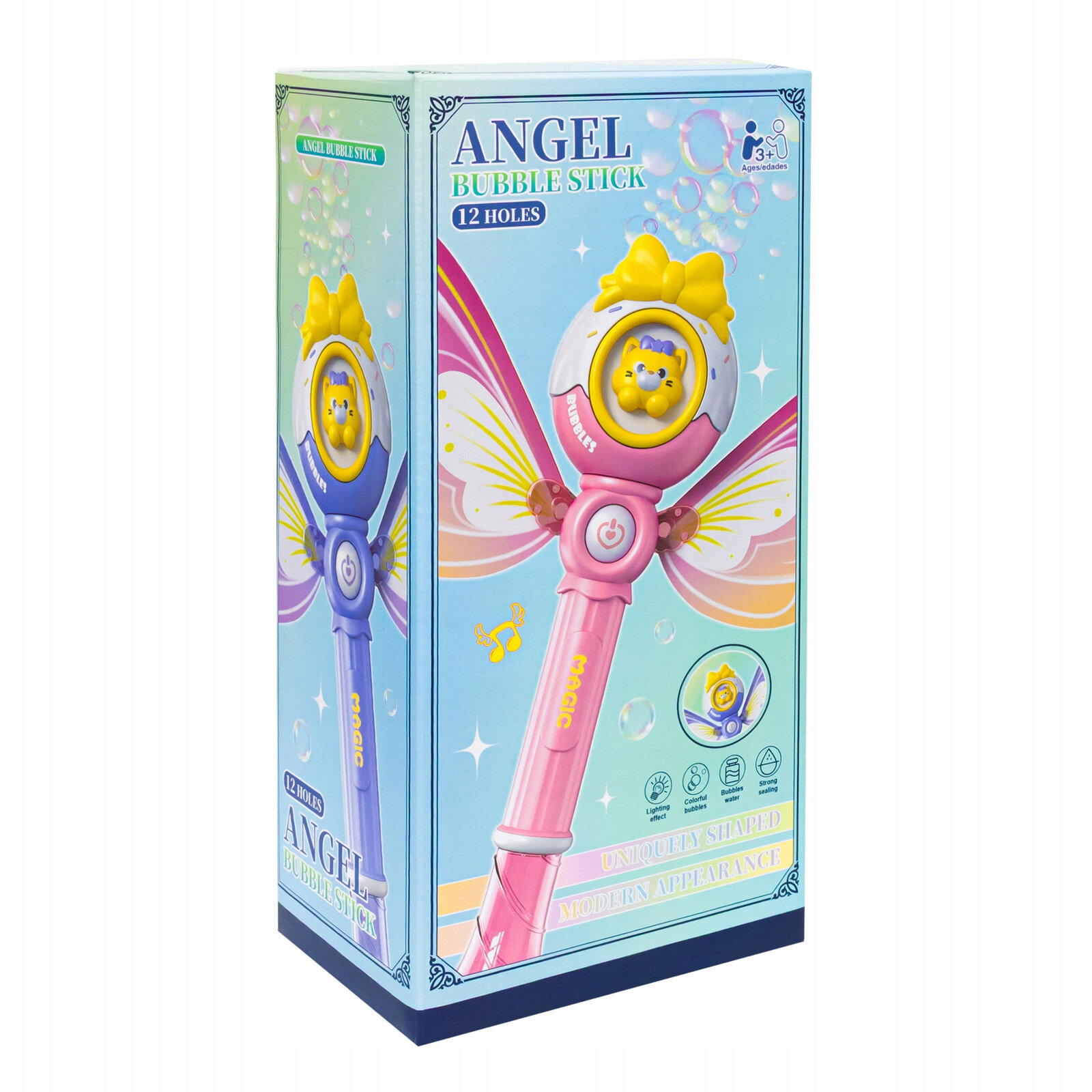Opakowanie produktu \'Angel Bubble Stick\' z 12 otworami, przedstawiające różdżkę do baniek mydlanych z motywem motyla i aniołka. Widoczne są kolory różowy i niebieski oraz elementy graficzne, takie jak skrzydła i postać misia.