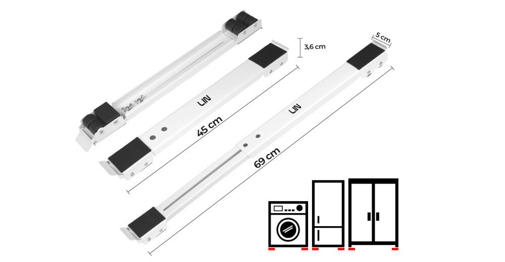 Obraz przedstawia dwie białe listwy pod urządzenia AGD z czarnymi elementami, o długościach 45 cm i 69 cm oraz szerokości 5 cm i wysokości 3,6 cm. Obok znajduje się grafika z ikonami pralki i lodówek, sugerująca zastosowanie listew.