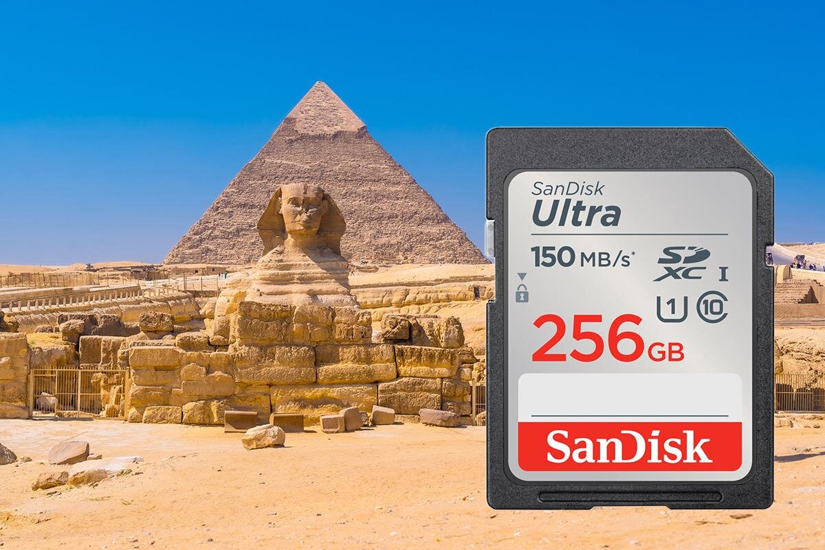 Na obrazie widoczna jest karta pamięci z napisem \'SanDisk Ultra 150 MB/s 256 GB\' na tle piramidy i Sfinksa. Logo \'SanDisk\' znajduje się na dole karty.