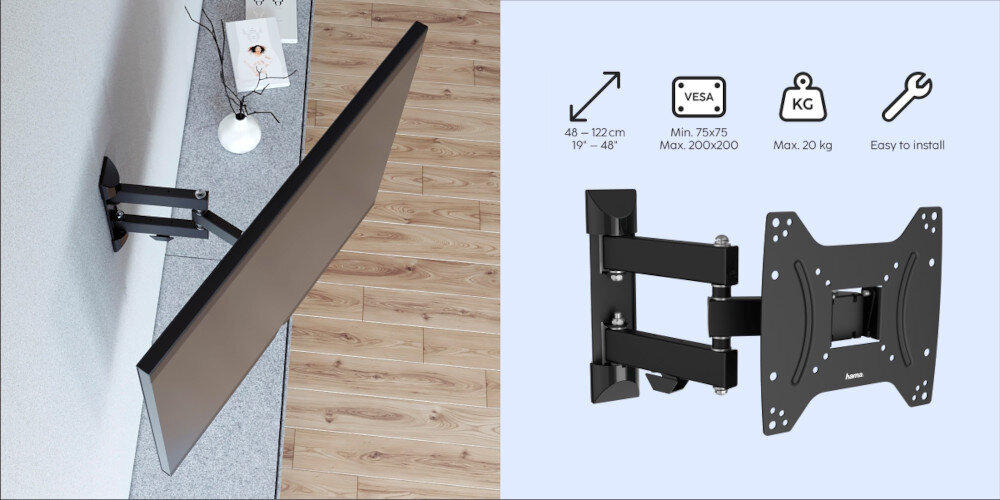 Obraz przedstawia uchwyt do telewizora zamontowany na ścianie oraz jego schemat z informacjami: 48 – 122 cm, 19” – 48”, Min. 75x75 Max. 200x200, Max. 20 kg, Easy to install. Logo Hama widoczne na uchwycie.