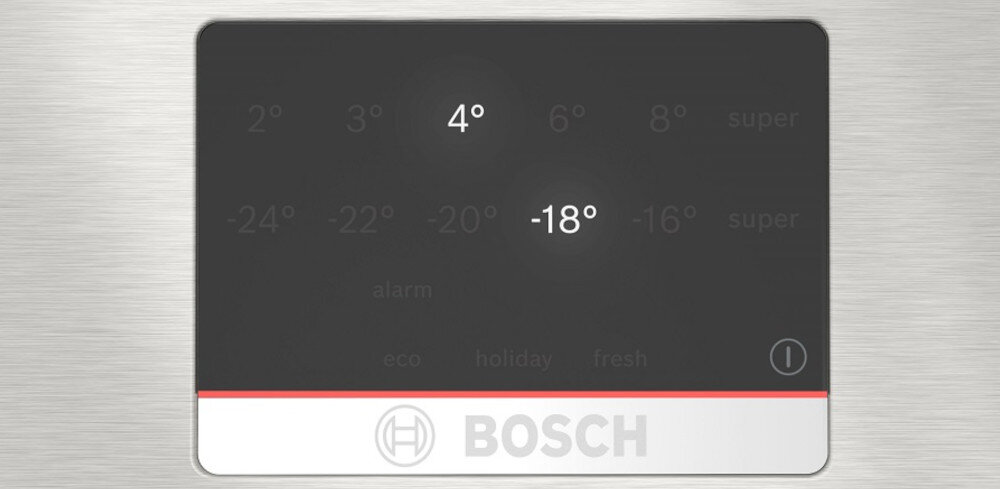 Panel sterowania lodówki z wyświetlaczem pokazującym temperatury 4° i -18°. Na dole widoczne jest logo BOSCH.