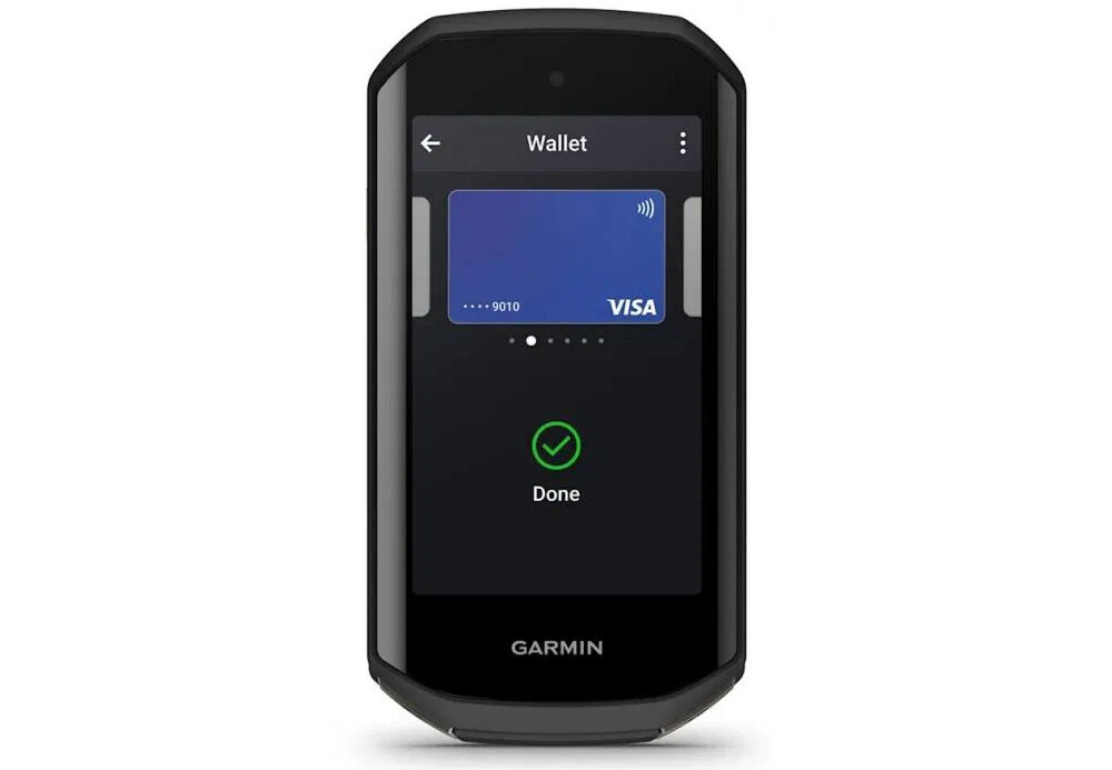 Urządzenie z wyświetlaczem pokazującym ekran \'Wallet\' z kartą płatniczą VISA i napisem \'Done\'. Na dole widoczne jest logo \'GARMIN\'.