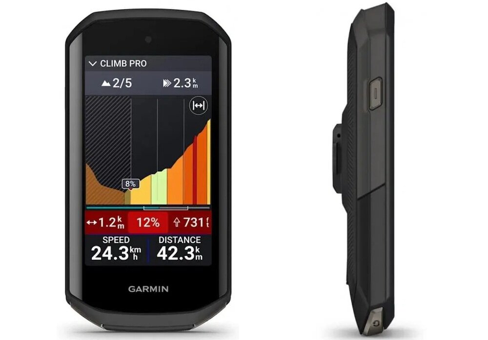 Urządzenie nawigacyjne z wyświetlaczem pokazującym wykres wysokości i dane: \'CLIMB PRO\', \'2/5\', \'2.3 km\', \'SPEED 24.3 km/h\', \'DISTANCE 42.3 km\'. Widoczne logo: \'GARMIN\'.