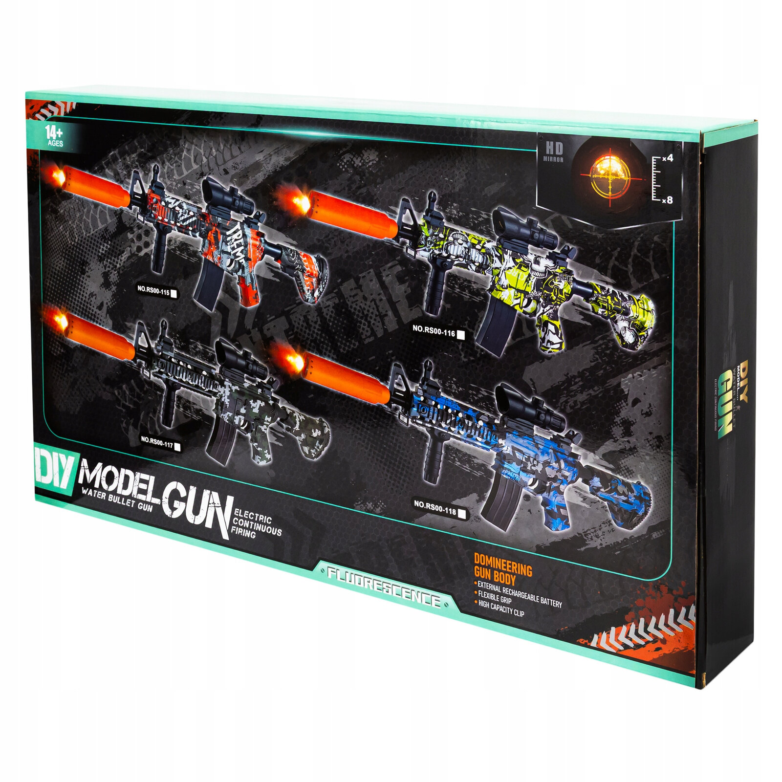 Opakowanie przedstawia cztery modele karabinów automatycznych na kulki żelowe z czerwonymi końcówkami luf. Widoczny tekst to: \'DIY MODEL GUN WATER BULLET GUN ELECTRIC CONTINUOUS FIRING\' oraz \'DOMINEERING GUN BODY\'.
