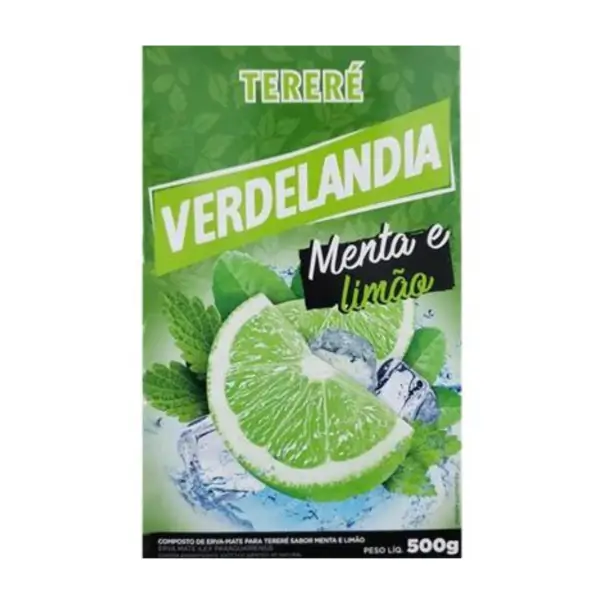 Opakowanie Yerba Mate Verdelandia Terere Lemon Mint 500g z grafiką limonki, liści mięty i kostek lodu. Widoczny tekst: \'TERERÉ VERDELANDIA Menta e limão\'.
