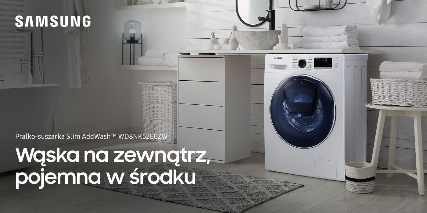 Wąska i pojemna pralko-suszarka Samsung Slim AddWash WD8NK52E0 z oferty sklepu Media Expert Obraz przedstawia pralko-suszarkę SAMSUNG w jasnym, nowoczesnym wnętrzu łazienki. Widoczny tekst: \'Pralko-suszarka Slim AddWash™ WD8NK52E0ZW Wąska na zewnątrz, pojemna w środku\'.