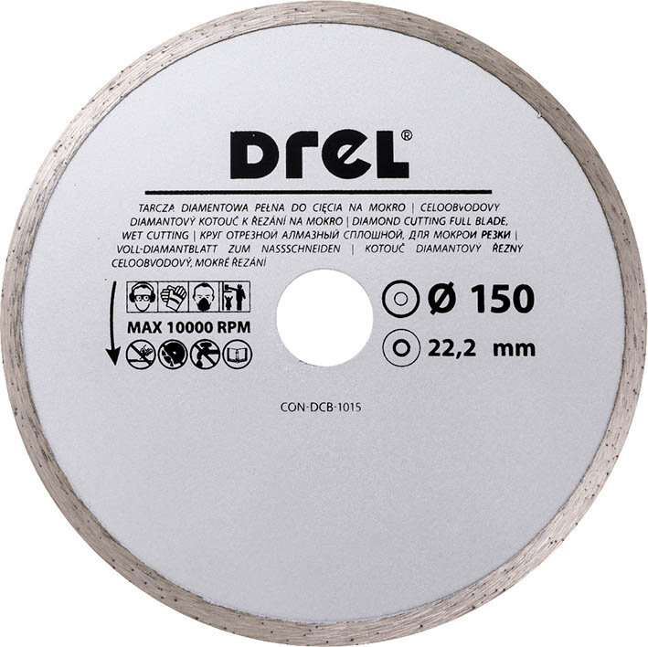 Tarcza diamentowa pełna z logo \'DREL\' i tekstem informacyjnym o cięciu na mokro. Widoczne oznaczenia: Ø 150, 22,2 mm, MAX 10000 RPM oraz symbole bezpieczeństwa.