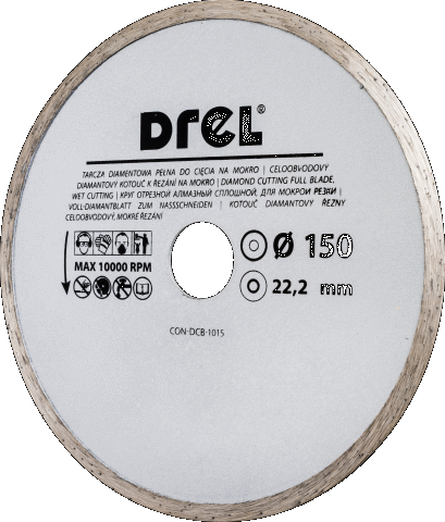Na obrazie widoczna jest tarcza diamentowa z logo \'DREL\' oraz napisami informującymi o jej specyfikacji: \'Tarcza diamentowa pełna do cięcia na mokro\', \'Ø 150\', \'22,2 mm\', \'MAX 10000 RPM\'.