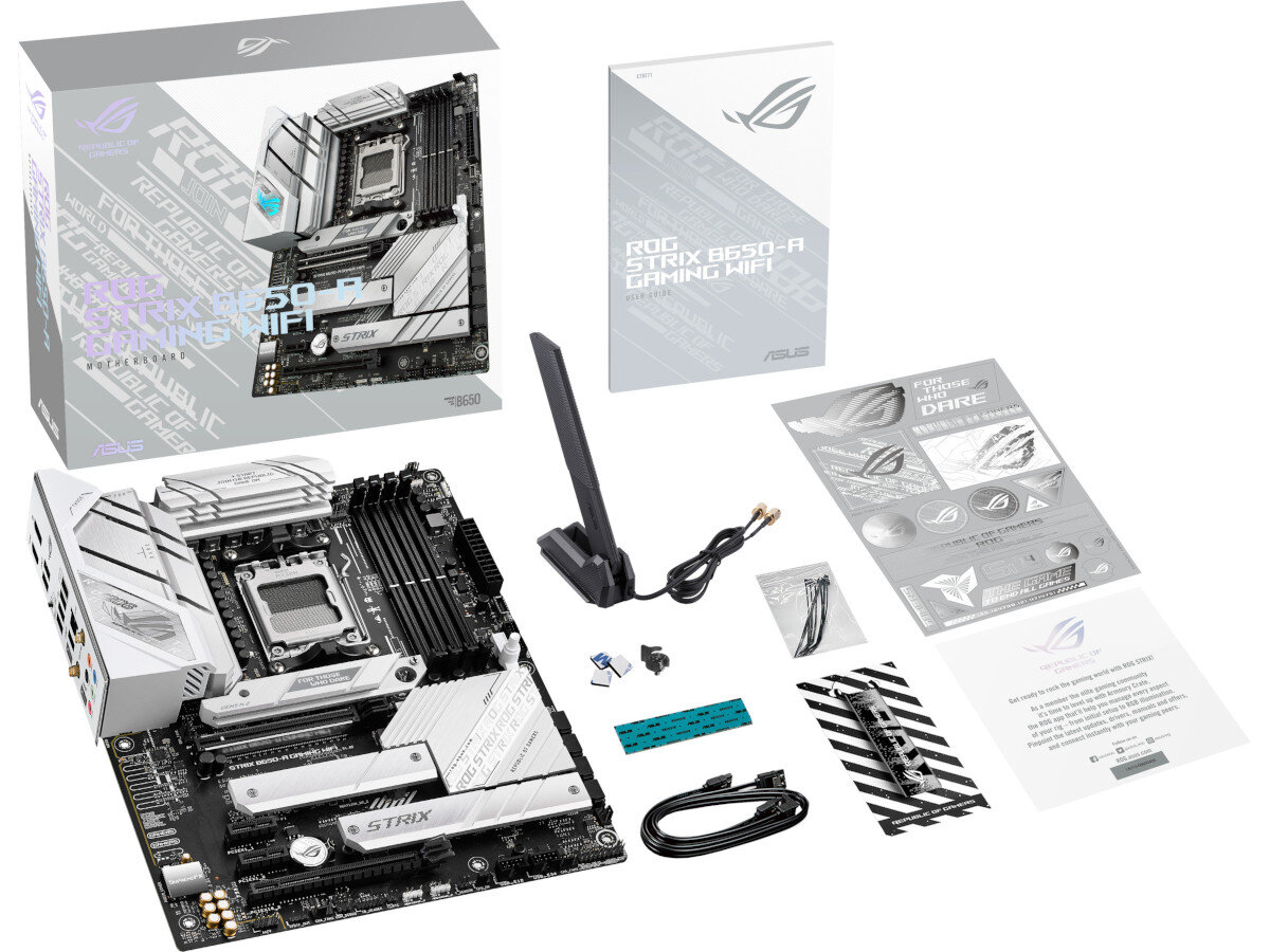 Na obrazie widoczna jest płyta główna z akcesoriami, opakowanie oraz instrukcje. Na opakowaniu i instrukcji widnieje tekst: \'ROG STRIX B650-A GAMING WIFI\'.