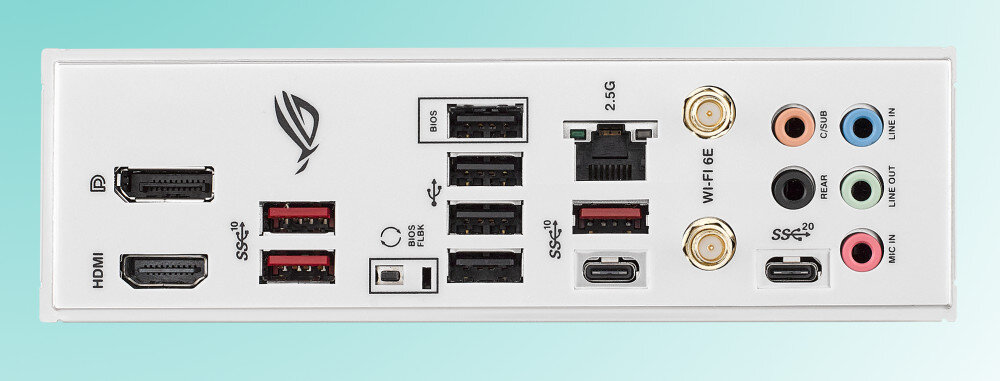 Panel tylny płyty głównej z różnymi portami, w tym HDMI, DisplayPort, USB, Ethernet, Wi-Fi 6E oraz złączami audio. Widoczne jest logo producenta w formie stylizowanego symbolu.