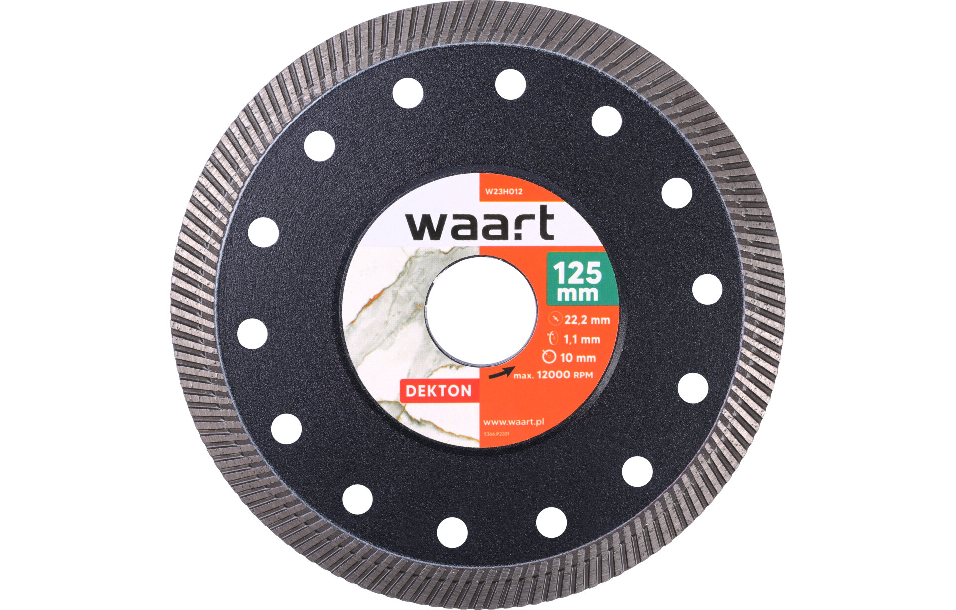 Na obrazie widoczna jest tarcza diamentowa z logo \'waart\' oraz oznaczeniami: \'125 mm\', \'22,2 mm\', \'1,1 mm\', \'10 mm\', \'max. 12000 RPM\'.