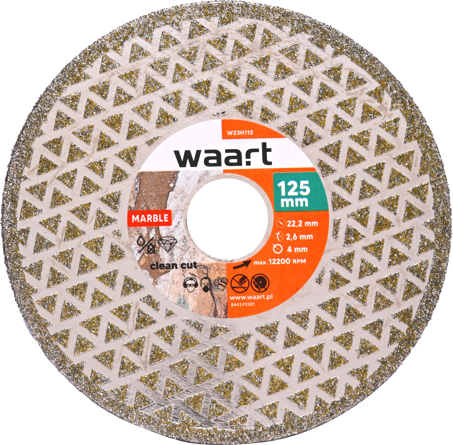Tarcza diamentowa z logo \'waart\' i oznaczeniem \'125 mm\', z widocznymi trójkątnymi wzorami na powierzchni. Na etykiecie znajdują się informacje: \'MARBLE\', \'clean cut\', \'max. 12200 RPM\'.