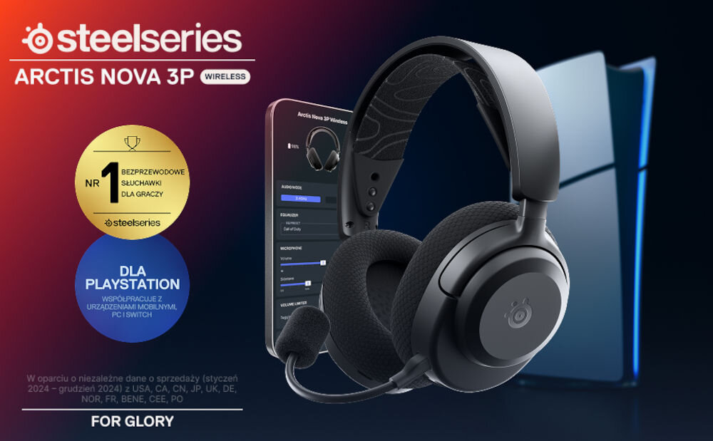 Obraz przedstawia czarne słuchawki nauszne z mikrofonem oraz logo steelseries. Widoczny jest tekst: \'steelseries ARCTIS NOVA 3P WIRELESS\', \'NR 1 BEZPRZEWODOWE SŁUCHAWKI DLA GRACZY\', \'DLA PLAYSTATION WSPÓŁPRACUJE Z URZĄDZENIAMI MOBILNYMI, PC I SWITCH\', \'FOR GLORY\'.