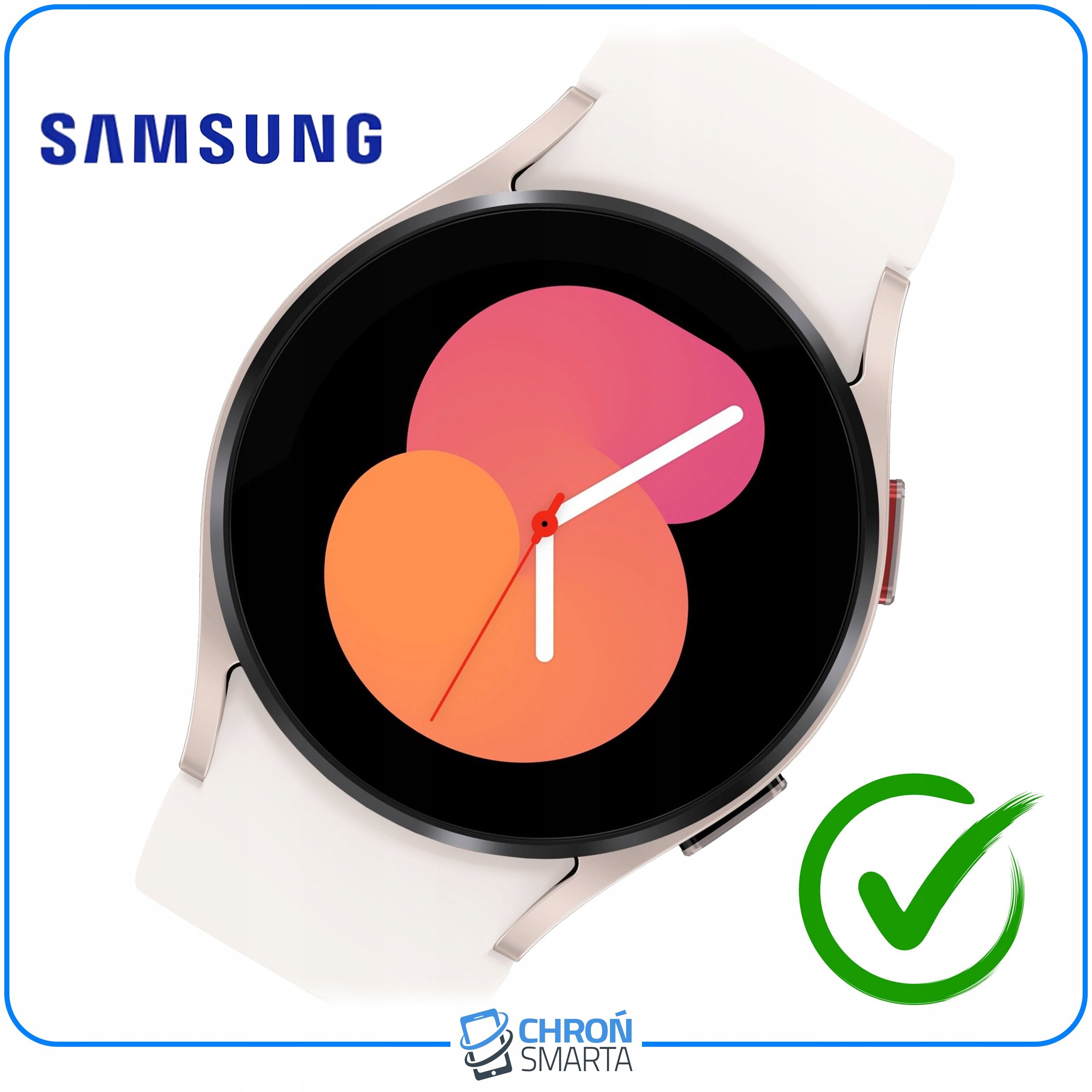 Na obrazie widoczny jest smartwatch z białym paskiem i kolorowym wyświetlaczem, obok którego znajduje się zielony znak wyboru. W lewym górnym rogu widnieje logo \'SAMSUNG\', a na dole napis \'CHROŃ SMARTA\'.