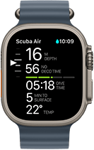 Smartwatch z prostokątną kopertą i granatowym paskiem, na ekranie widoczne są dane dotyczące nurkowania, takie jak głębokość, czas nurkowania i temperatura. W prawym górnym rogu ekranu znajduje się ikona kropli wody i godzina 10:09.