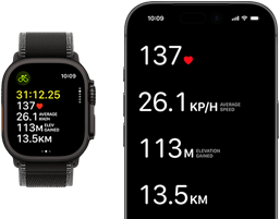 Na obrazie widoczny jest smartwatch z wyświetlaczem pokazującym czas 3:11:22.25 oraz dane dotyczące tętna, prędkości i dystansu. Obok znajduje się smartfon z podobnymi danymi: 137 BPM, 26.1 KP/H, 113 M, 13.5 KM.