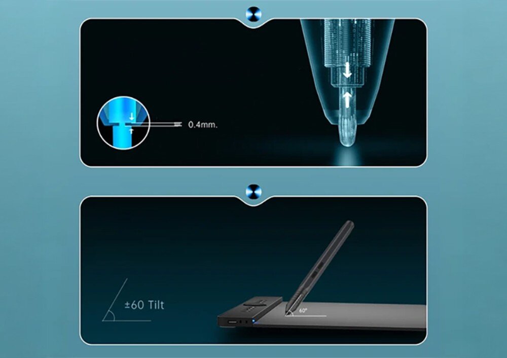 Obraz przedstawia szczegóły techniczne tabletu graficznego, w tym końcówkę pióra z oznaczeniem \'0.4mm\' oraz pióro nachylone pod kątem 60 stopni z napisem \'±60 Tilt\'.
